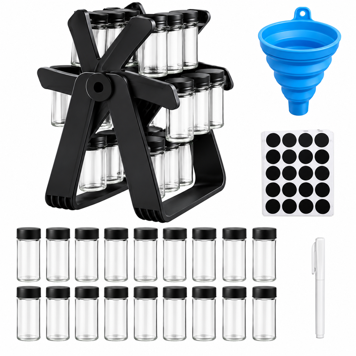 360 Rotating Spice Rack Organizer Set 18 Glass Jars Labels Funnel Pen Black