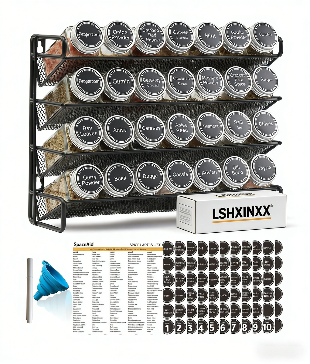 4 Tier Spice Rack Organizer with 28 Spice Jars, 386 Spice Labels