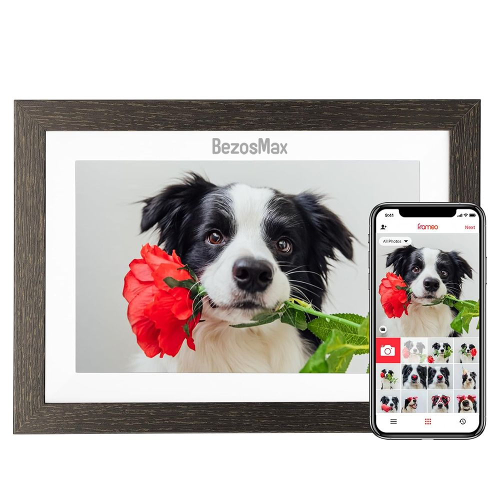 BezosMax Smart Digital Photo Frame WiFi 10.1 Inch Auto-Rotate and Slideshow - Wooden Type