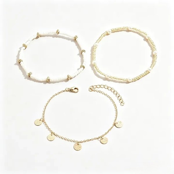 Bltunoed Shell Anklet Set for Women, -Coloured Boho Beads,Adjustable Gold - ·Silver-white anklet, Style 1