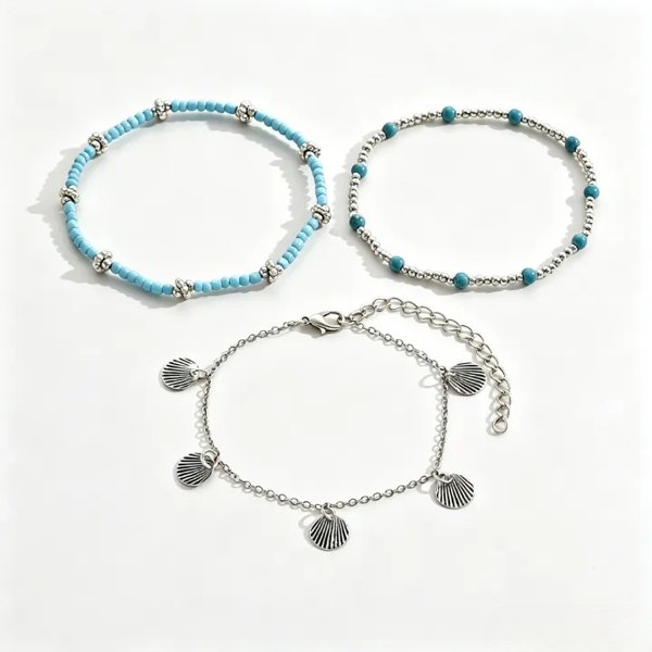 Bltunoed Shell Anklet Set for Women, -Coloured Boho Beads,Adjustable Gold - White and Blue Anklet, Style 2