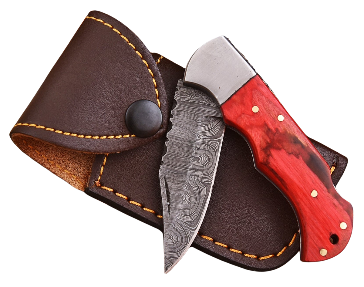 Crimson Timber Handmade Damascus Steel Folding Pocket Knife