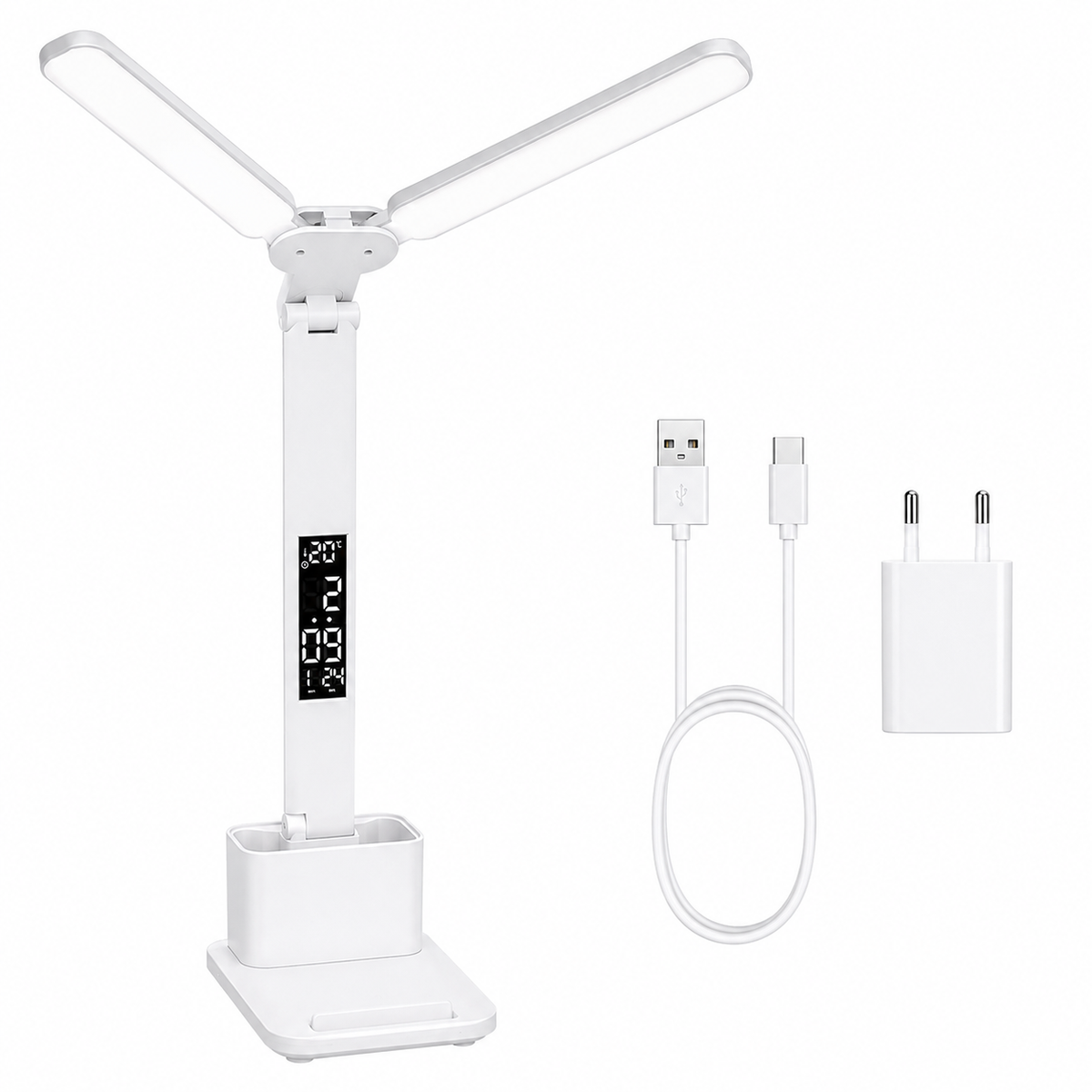 Dual Head LED Desk Lamp with Clock Rechargeable Dimmable 3 Light Modes
