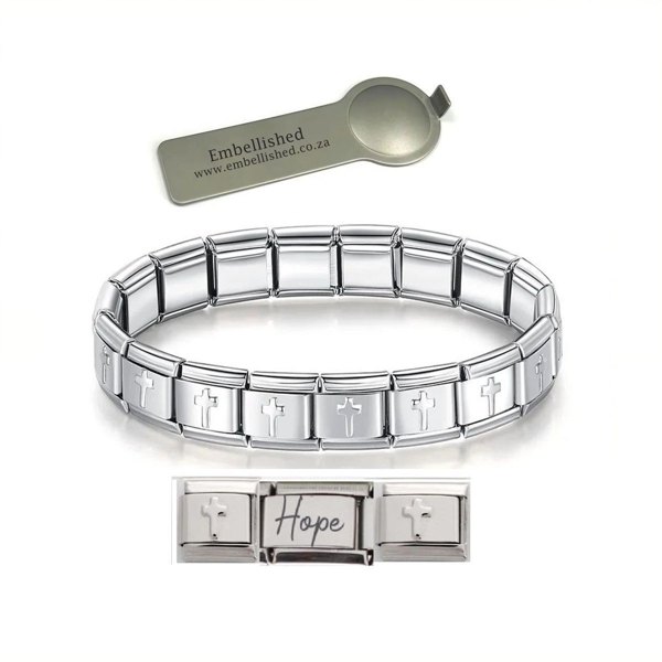 Embellished Charm Link Cross Hope Bracelet Silver -9mm