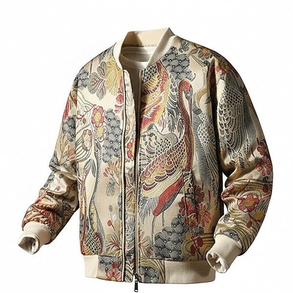 Embroidered Jacket For Men Unisex Bomber Jacket Men's Jacket - Cream Crane