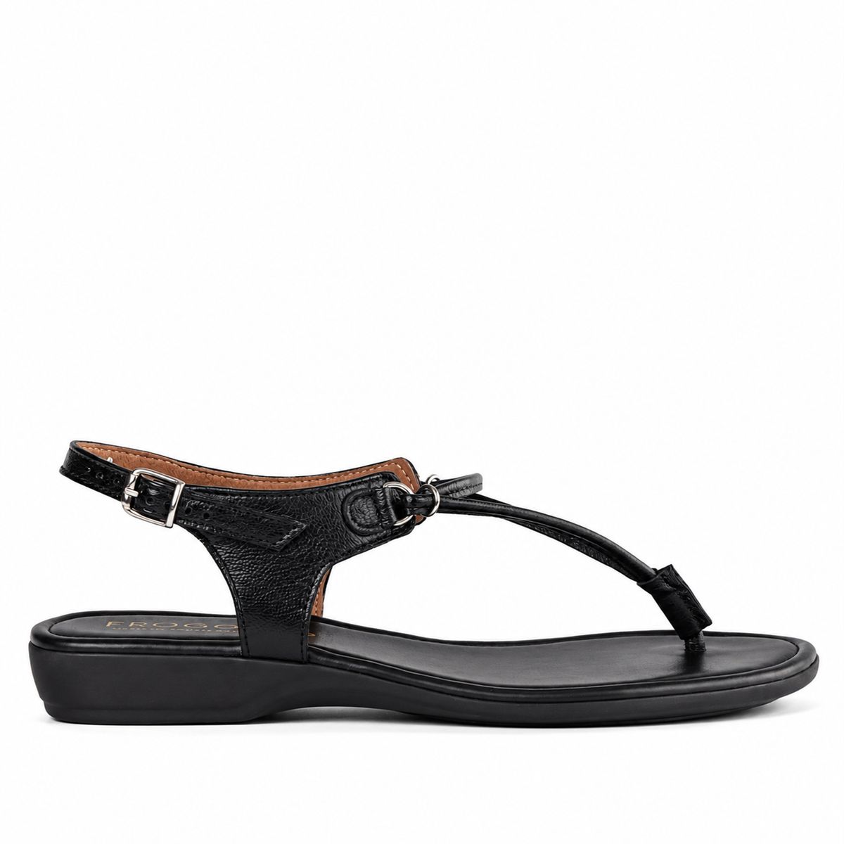 Froggie Women's Spaghetti Thong Sandal- Black Leather- 13075