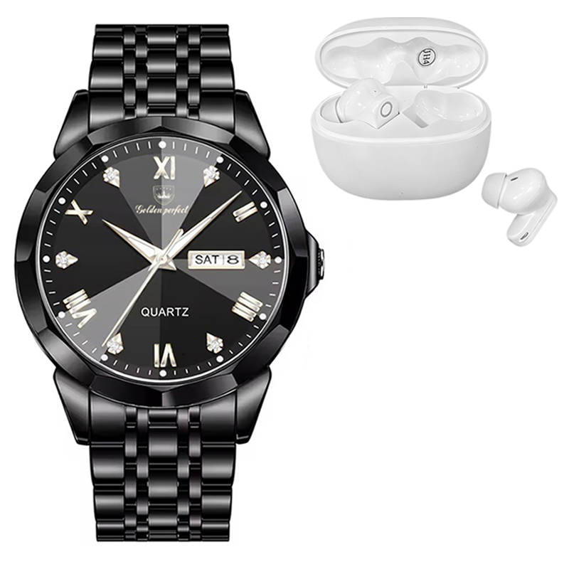 Golden Perfect Men's Black Quartz Watch & Earbuds Gift Set