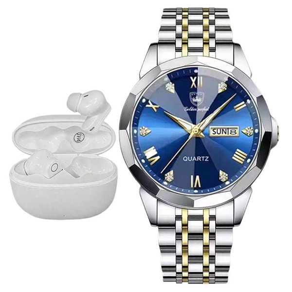 Golden Perfect Men's Blue-Gold Quartz Watch & Earbuds Gift Set