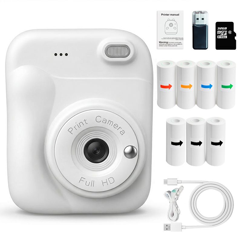 Kids Instant Print Camera 48MP HD White Digital Video Toy Camera Kids Gift