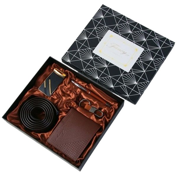 Leather Wallet, Belt, Keychain & Pen Gift Set - Brown