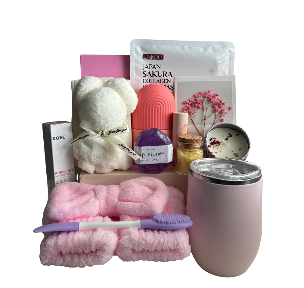 Luxury Pink Self Care Spa Gift Set with Skincare, Tumbler & Accessories