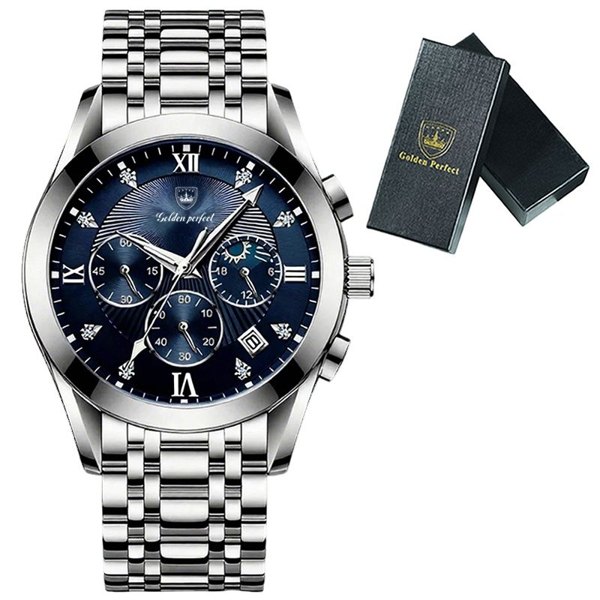 Men's Fashion Quartz Watch Blue Dial Stainless Steel Modern Style