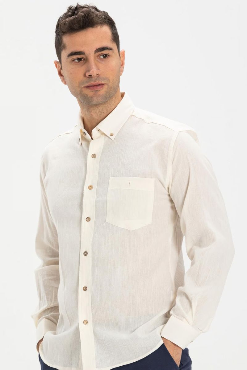 Men's Slim Fit Cotton Shirt Plain Colors - Cream