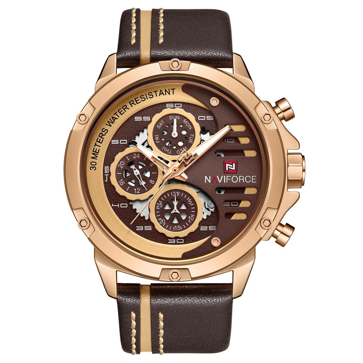 Naviforce Men's Outlaw Chronograph Leather Watch Military Brown & Gold