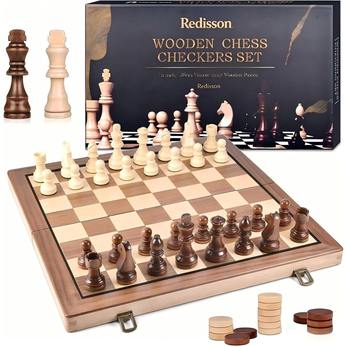 Redisson 2-in-1 Wooden Chess & Checkers Set - Strategy Board Game (39cm)