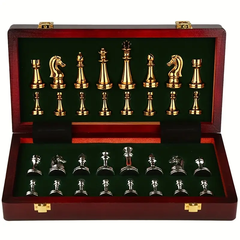 Retro Metal Chess Set with Folding Wooden Chess Board and Classic Handmade