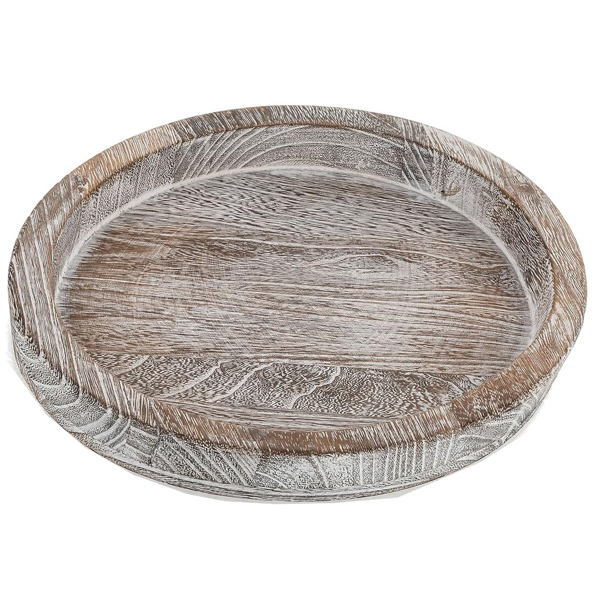 Round Wooden Serving Tray Vintage Home Decor Table Countertop Centerpiece - White Washed