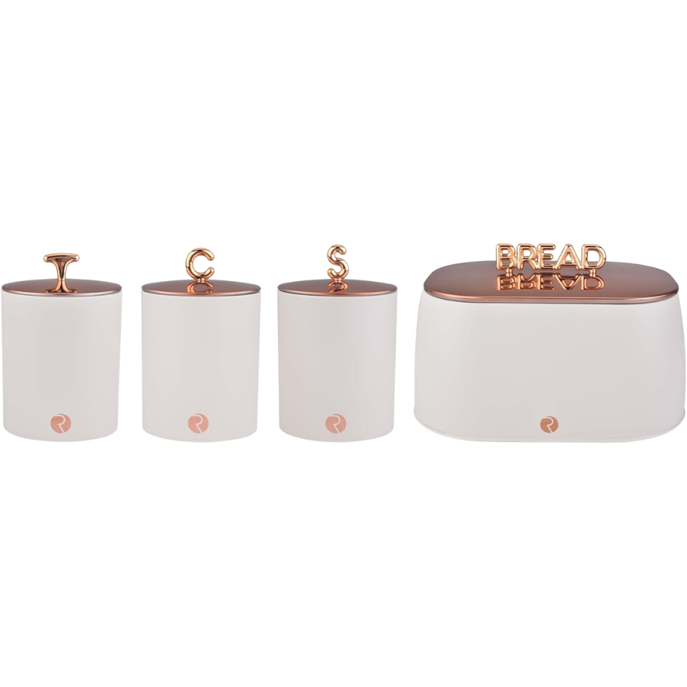 Royal Homeware 4pc Steel Bread bin and Canister Set - Matt Cream & Gold