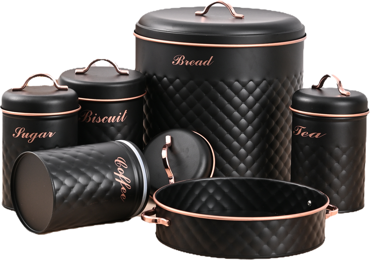 Royal Homeware Pellé 6PC Leather Pattern Bread Bin & Kitchen Storage Set - Black & Rose Gold