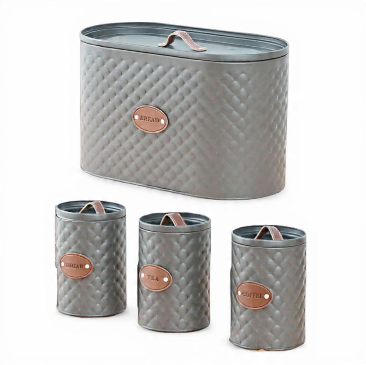 Royal Homeware Pellé Leather-Patterned Metal Bread Bin & Canister Set (4pc) - Grey