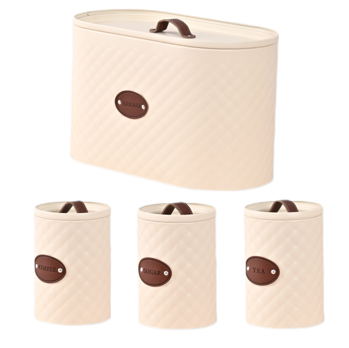 Royal Homeware Pellé Leather-Patterned Metal Bread Bin & Canister Set (4pc) - White