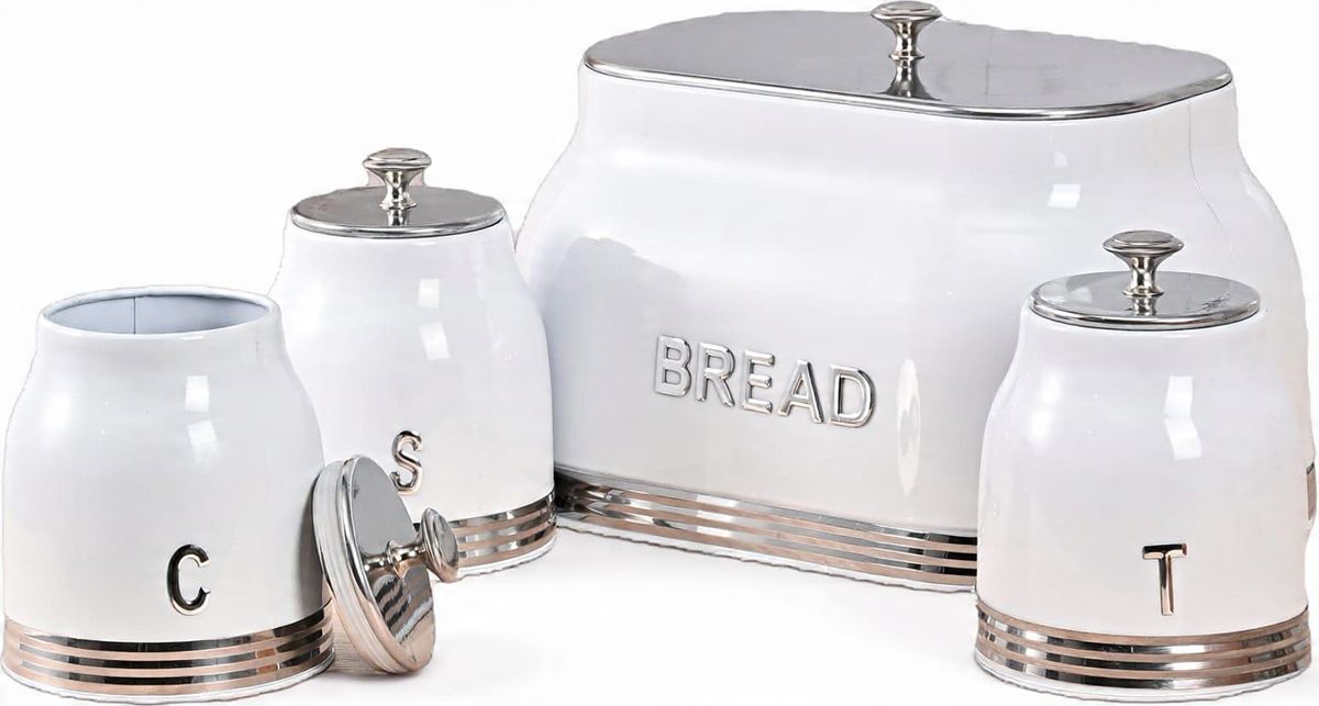 Royal Homeware Strada Collection 4-Piece Bread Bin & Canister Set - White