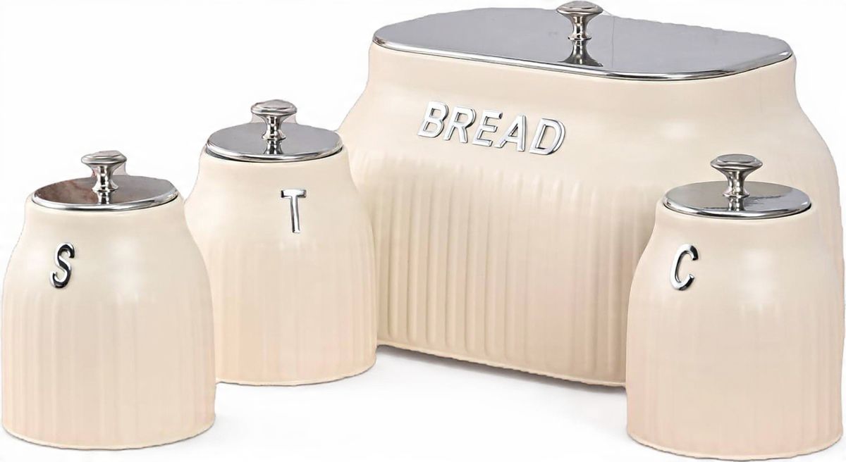 Royal Homeware Verde Collection 4-Piece Bread Bin & Canister Set - Cream