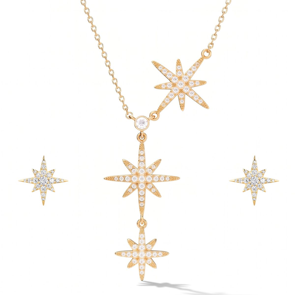 Stella Luna North Star Necklace & Studs Set - Swarovski Cubic Zirconia - Gold Plating