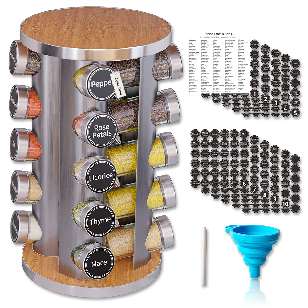 Topika - 20-Jar Rotating Spice Rack with Labels, Stainless Steel