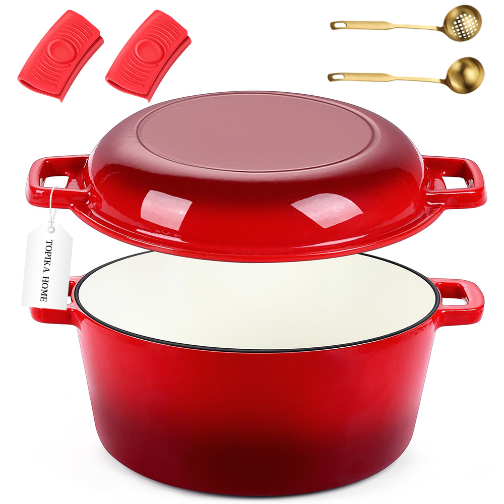 TopikaHome -Cast Iron Dutch Oven Pot Set with Skillet Lid, for Bread Baking - Red