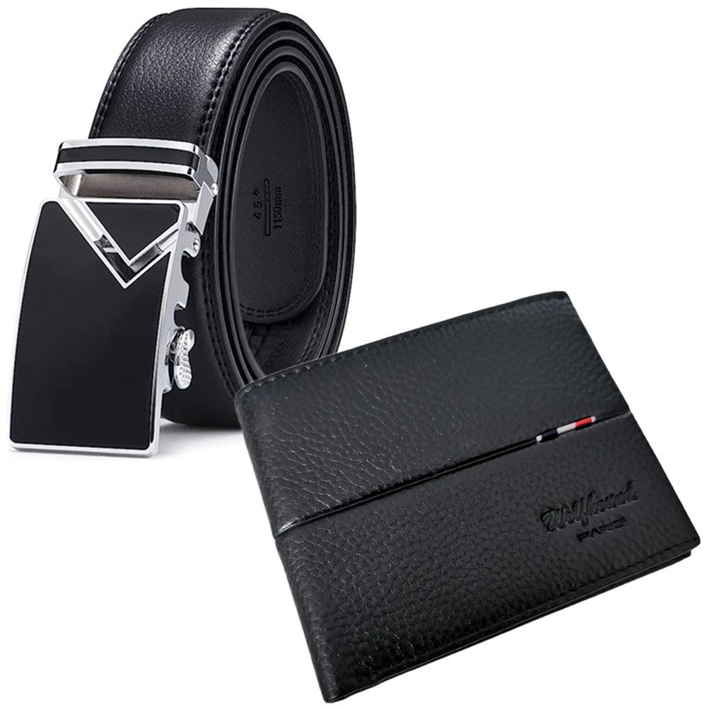 Wolfhound Genuine Leather Belts + Wallet For Men - Gentlemen's Cowhide Combo - Silver 16