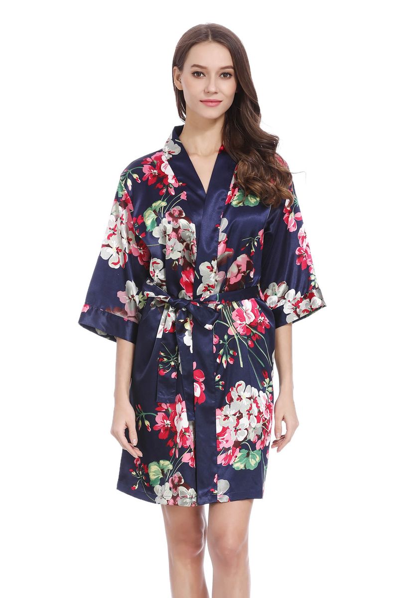 Women's Floral Print Satin Kimono Robe Luxury Spa Hotel Dressing Gown