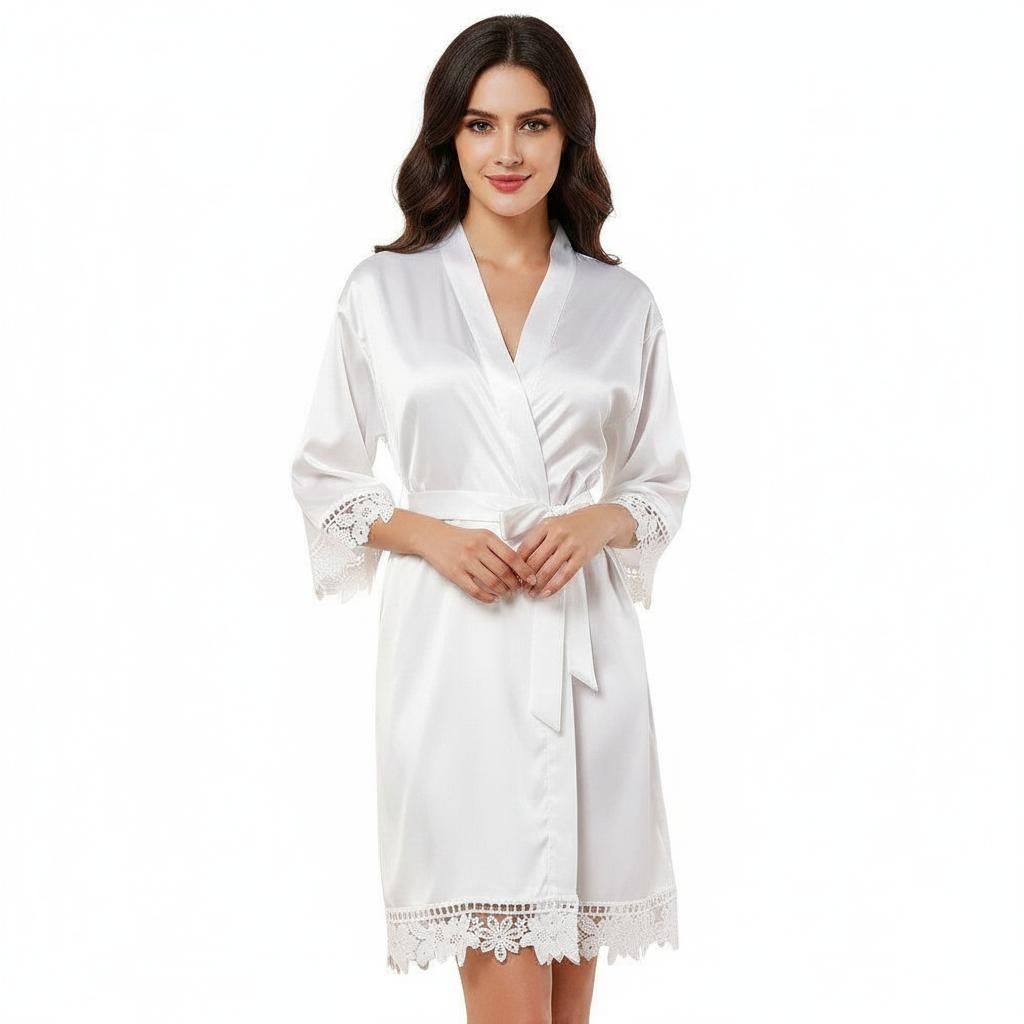 Women's Satin Kimono Robe with Lace Trim Bridal Party Sleepwear Bathrobe - White