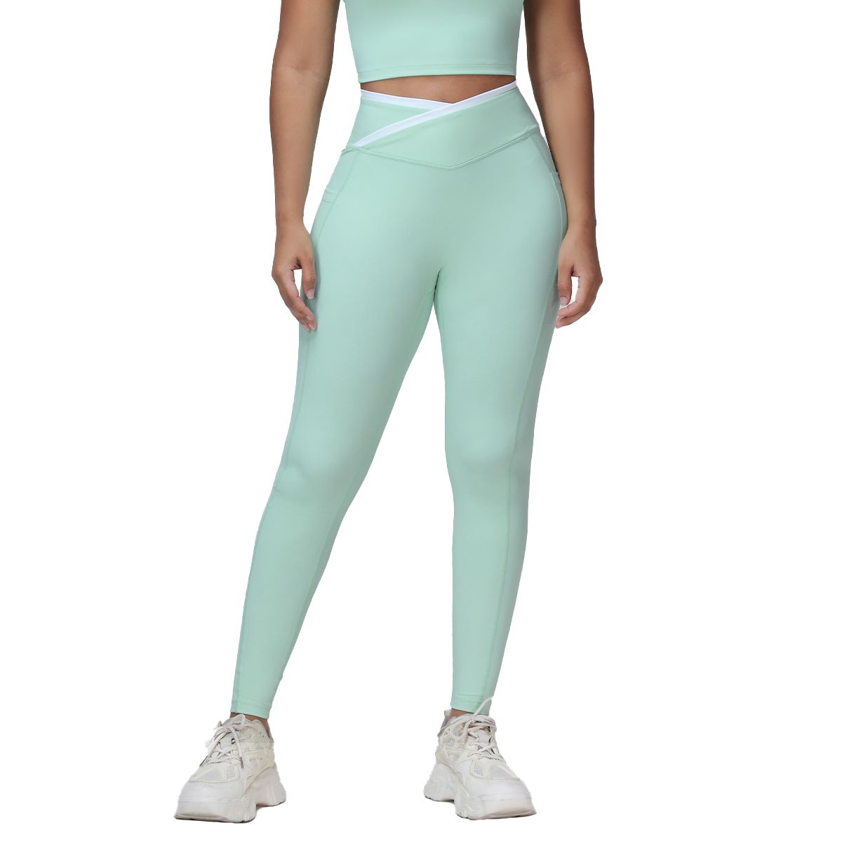 Women's V-Shaped High Waist Leggings, Yoga Pants with Side Pockets - Mint Green