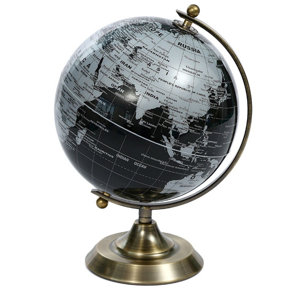World Globe with Brushed Bronze Stand 30cm - Black
